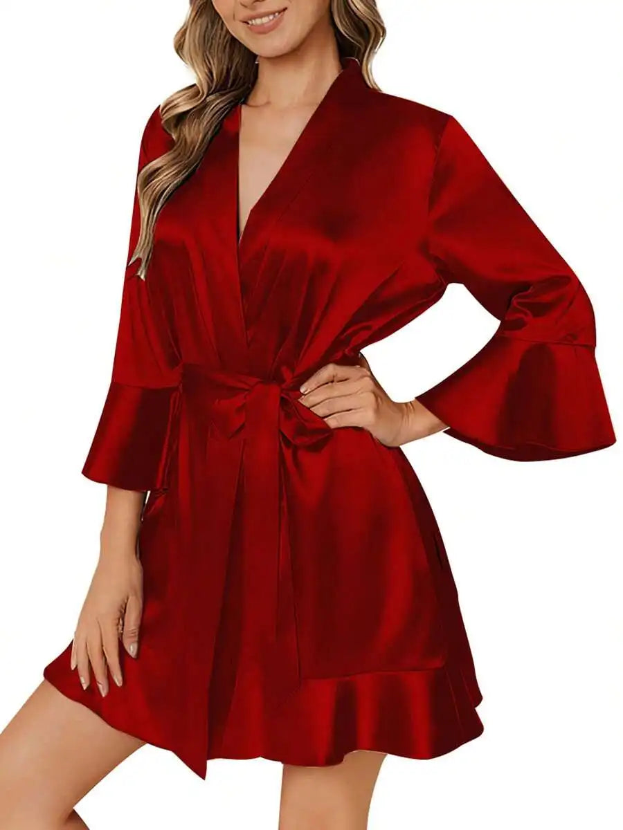 Women Satin Kimono Robe Silky Bathrobe Summer Loungewear Sleepwear