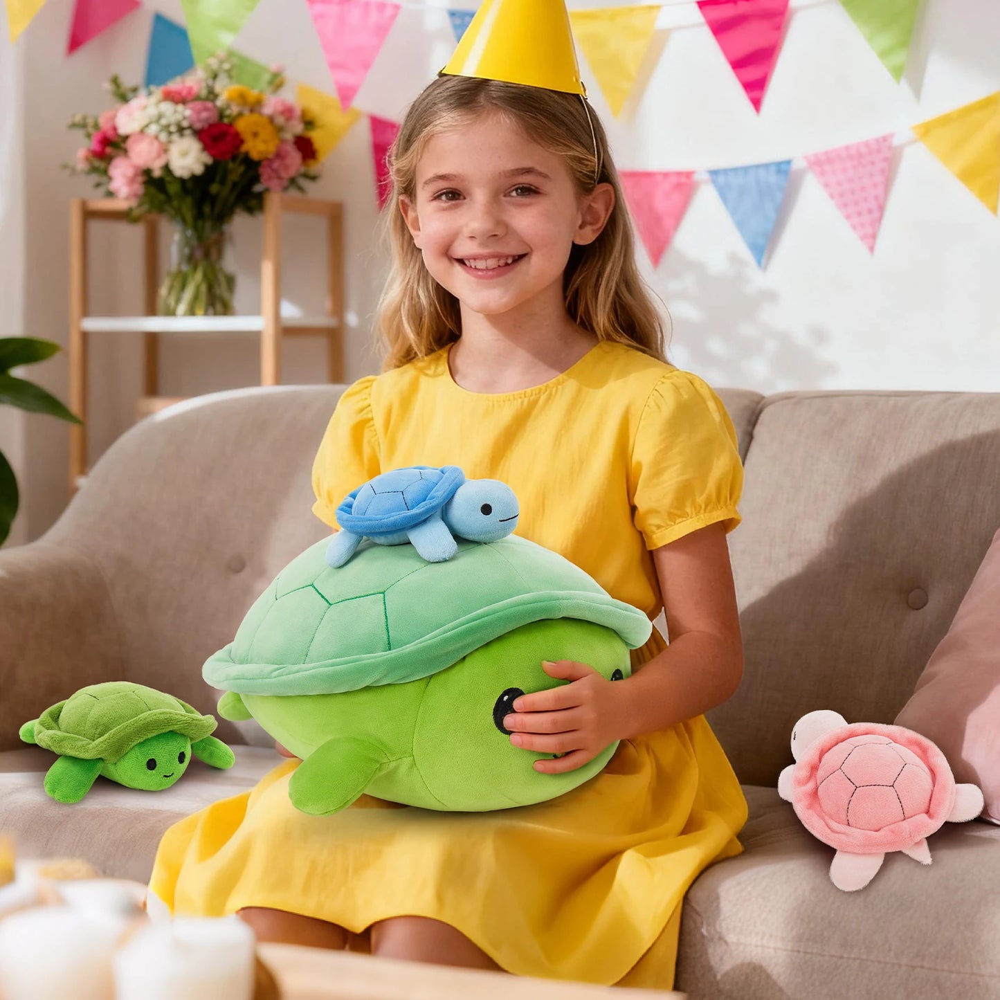 MorisMos 15.7" Giant Turtle Plush, Soft Turtle Stuffed Animal Toy with 3 Baby Turtles Cute Plushie for Kids