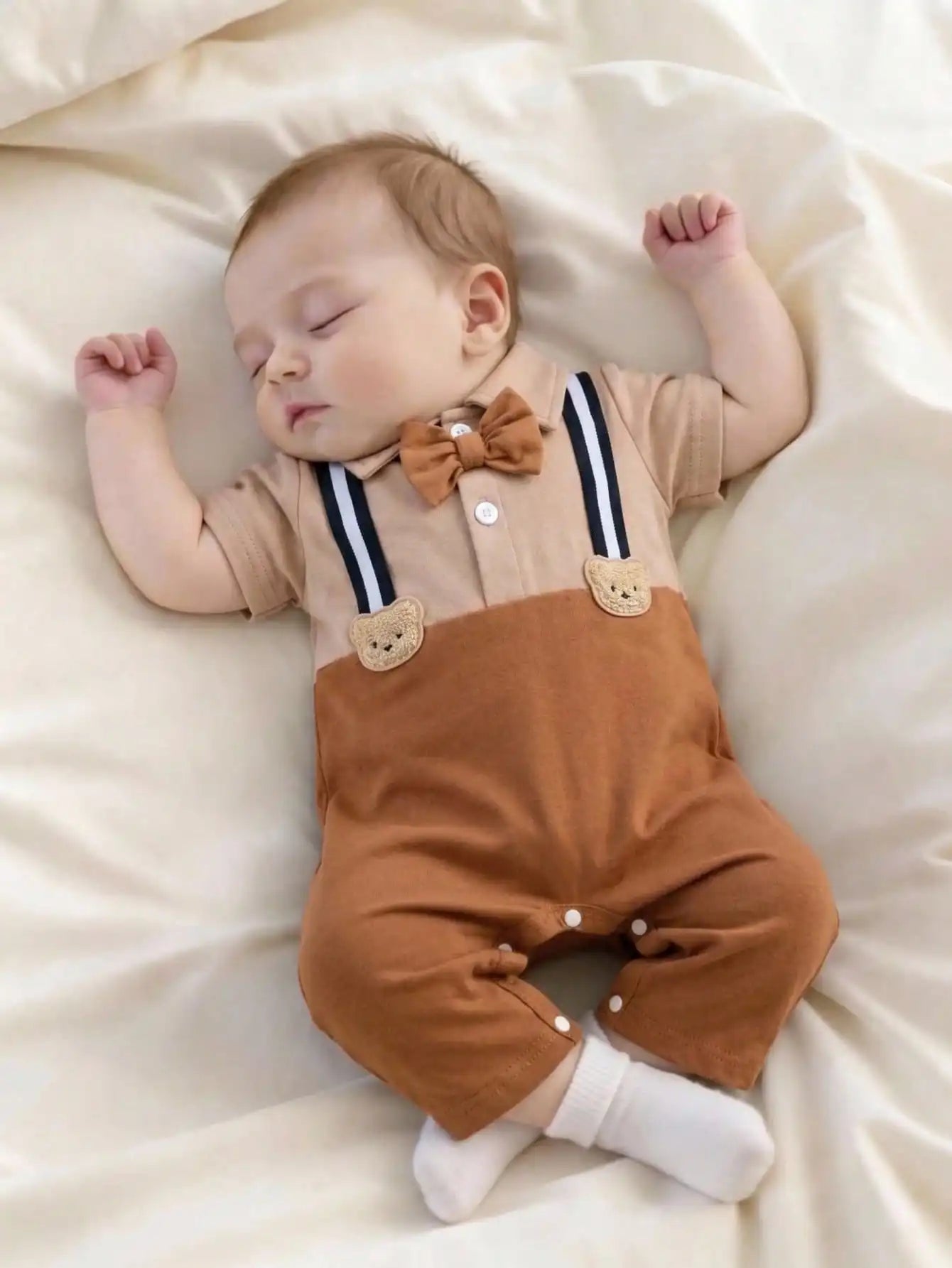 Newborn Baby Boy Romper Black And White With Bear & Bow Tie Decor Formal Christening Baptismal Suit