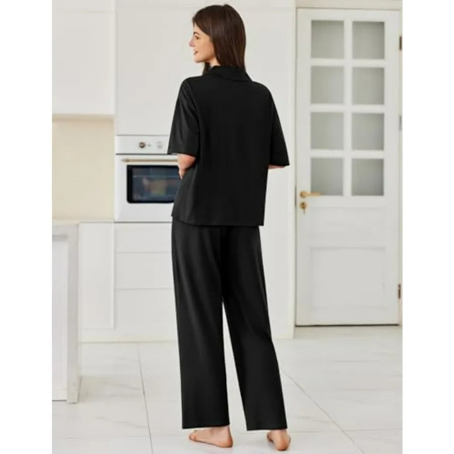 Women Pajamas Set Button Down Sleepwear Short Sleeve Pjs Soft Comfy Nightwear with Long Pants S-XXL