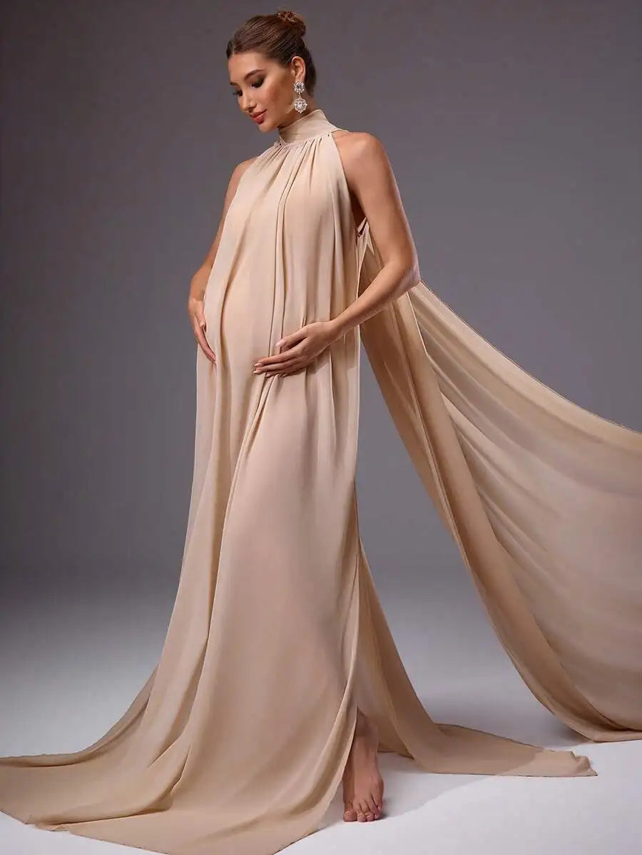 Elegant Maternity Dress Solid Color Chiffon High Neck Slit Gown For Photoshoot Baby Shower