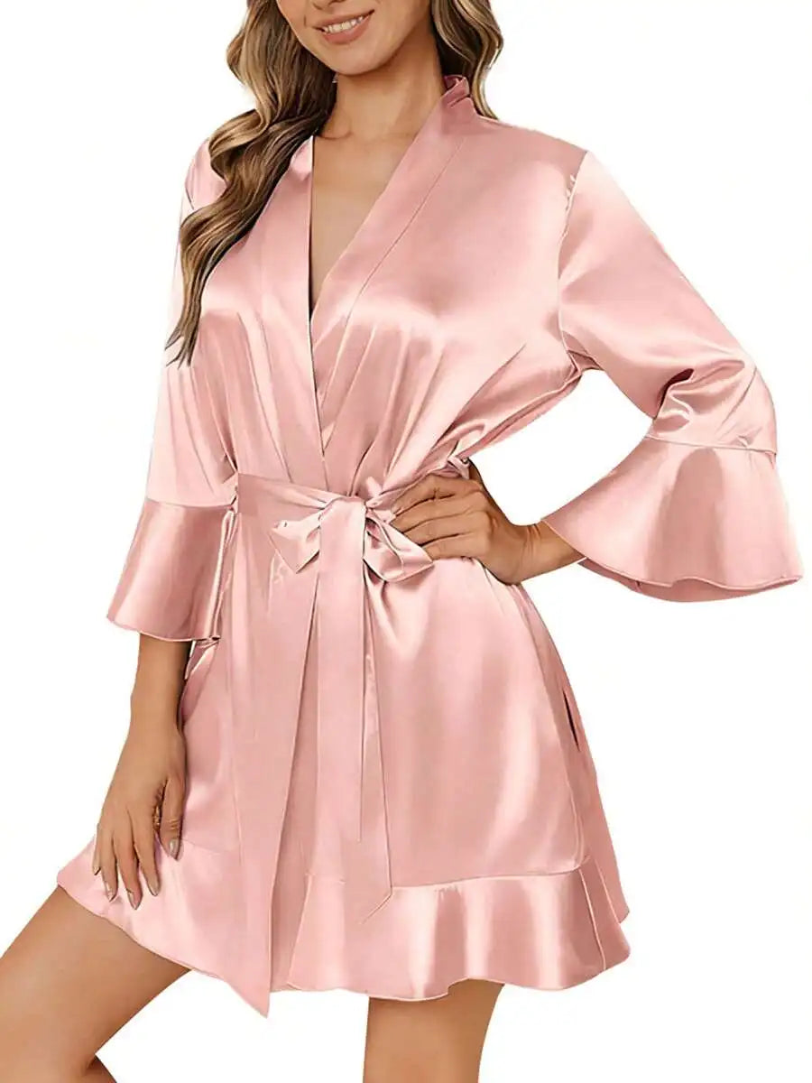 Women Satin Kimono Robe Silky Bathrobe Summer Loungewear Sleepwear