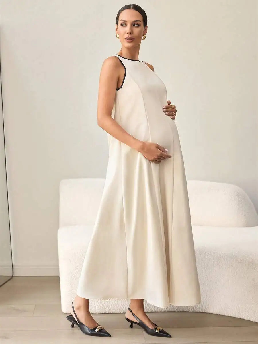 Beige Sleeveless Maternity Dress Ankle Length Casual Summer Women