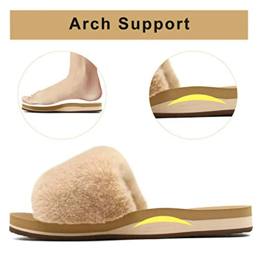 COFACE Fuzzy Womens Slippers with Arch Support Open Toe Orthopedic Fur Slipper Indoor Outdoor