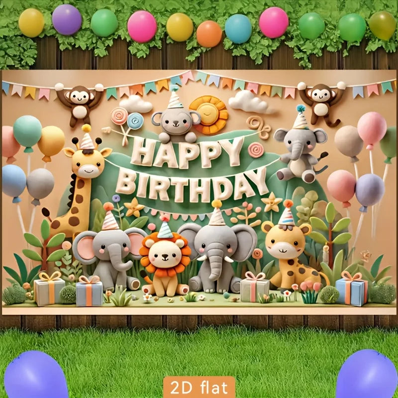 2D Flat,Cute Jungle Animals Happy Birthday Banner Balloon Gift Box Cartoon Tapestry Kids Party Decor Playful Nursery Wall Art
