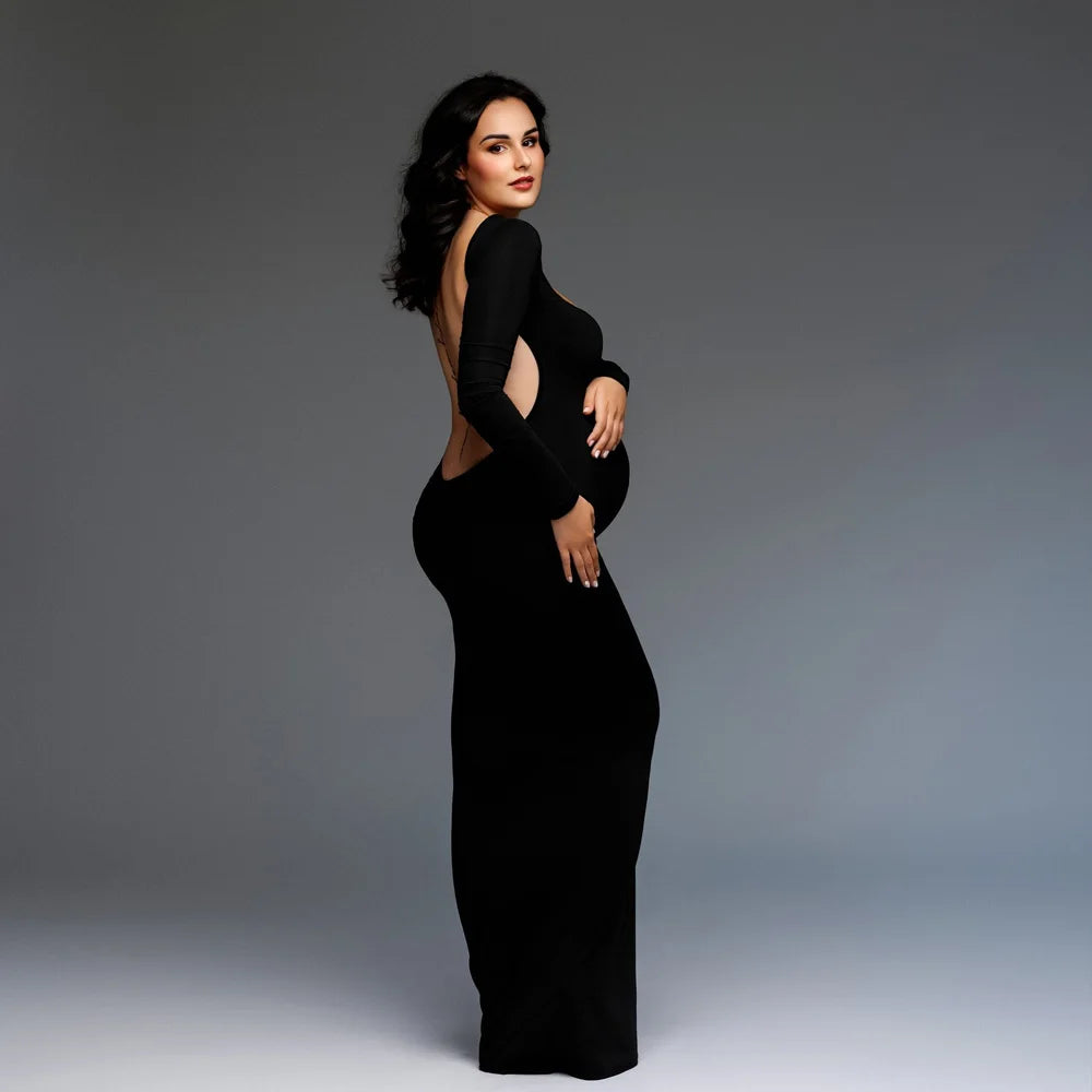 Solid Elegant Women Maxi Dress Backless Slim Fit Elastic Maternity Photography Dresses Photo Shoot Photography Dress For Women