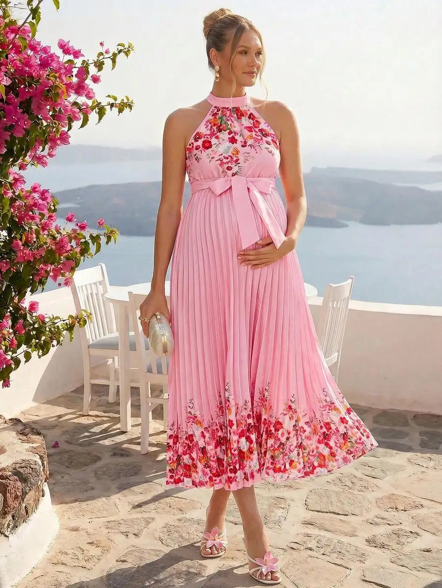 Elegant Floral Print Halter Pleated Maternity Dress For Summer