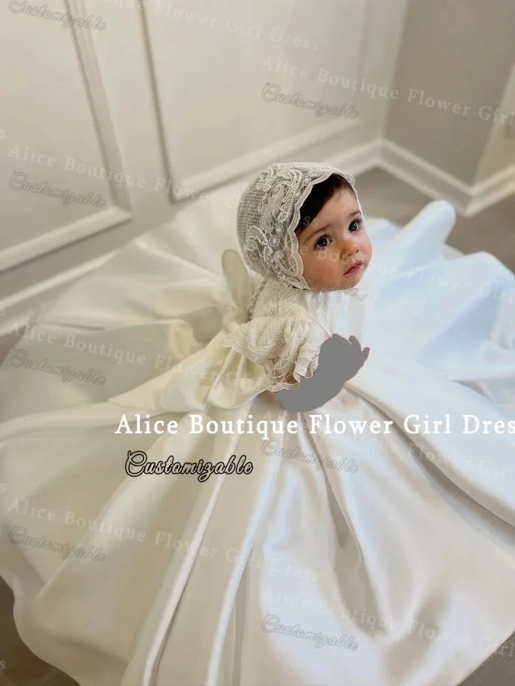 White Lace Satin Baby Girls Christening Ball Gowns Dresses Newborn Baby Baptism Clothes Princess Lace 1st Year Birthday Dress