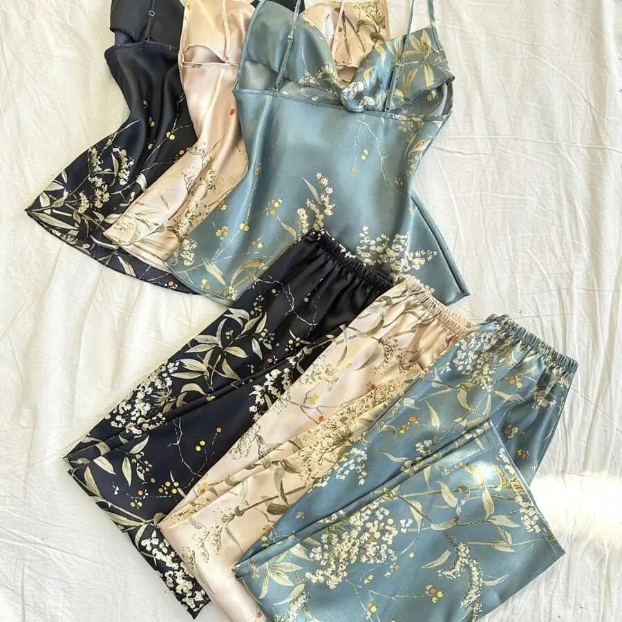 Floral Print Silk Pajama Set With Cowl Neck And Elastic Waist Pants