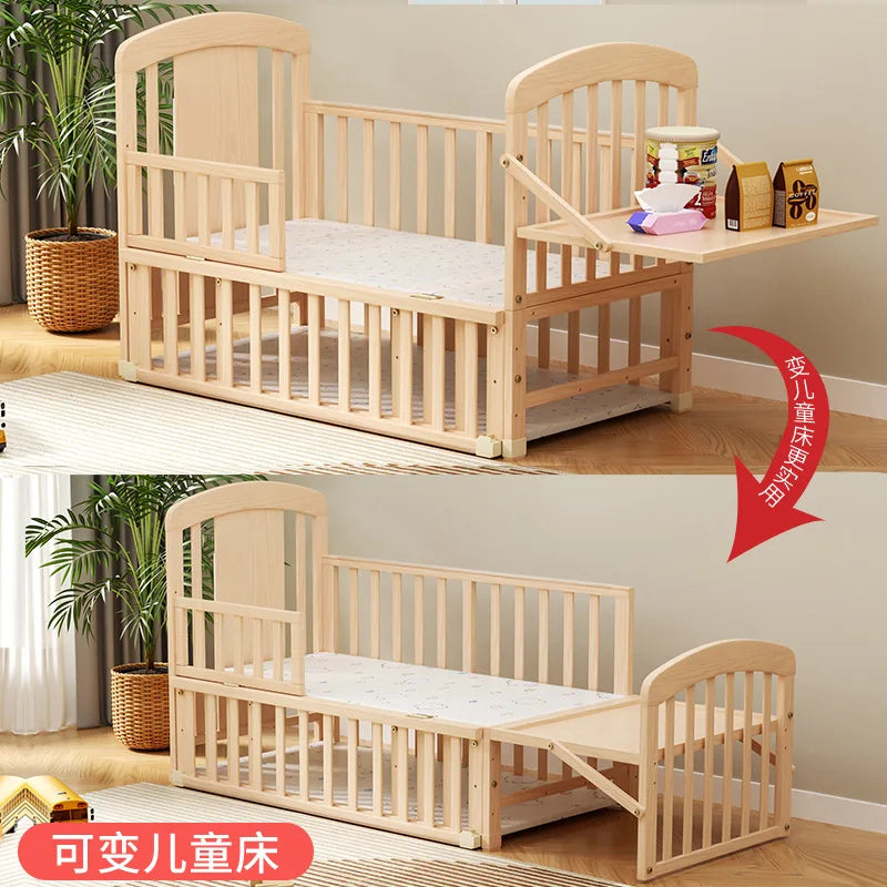 Wood Baby Crib with Diaper Table Newborn Baby Bed Multifunctional Baby Rocking Bed with Wheels and Mosquito Net