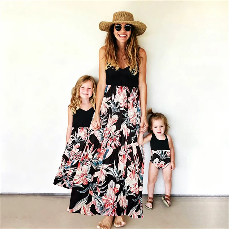 Summer Mother Daughter Dress Women Children's Clothing Vestido Baby Romper Boho Maxi Dress Family Matching Outfits Girls Dresses